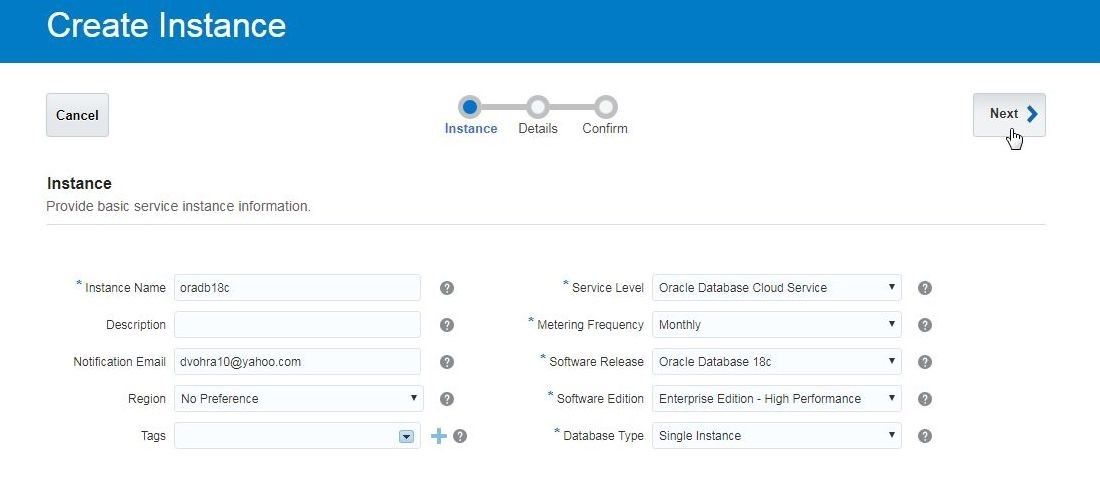 Click on Next after selecting the Instance configuration.