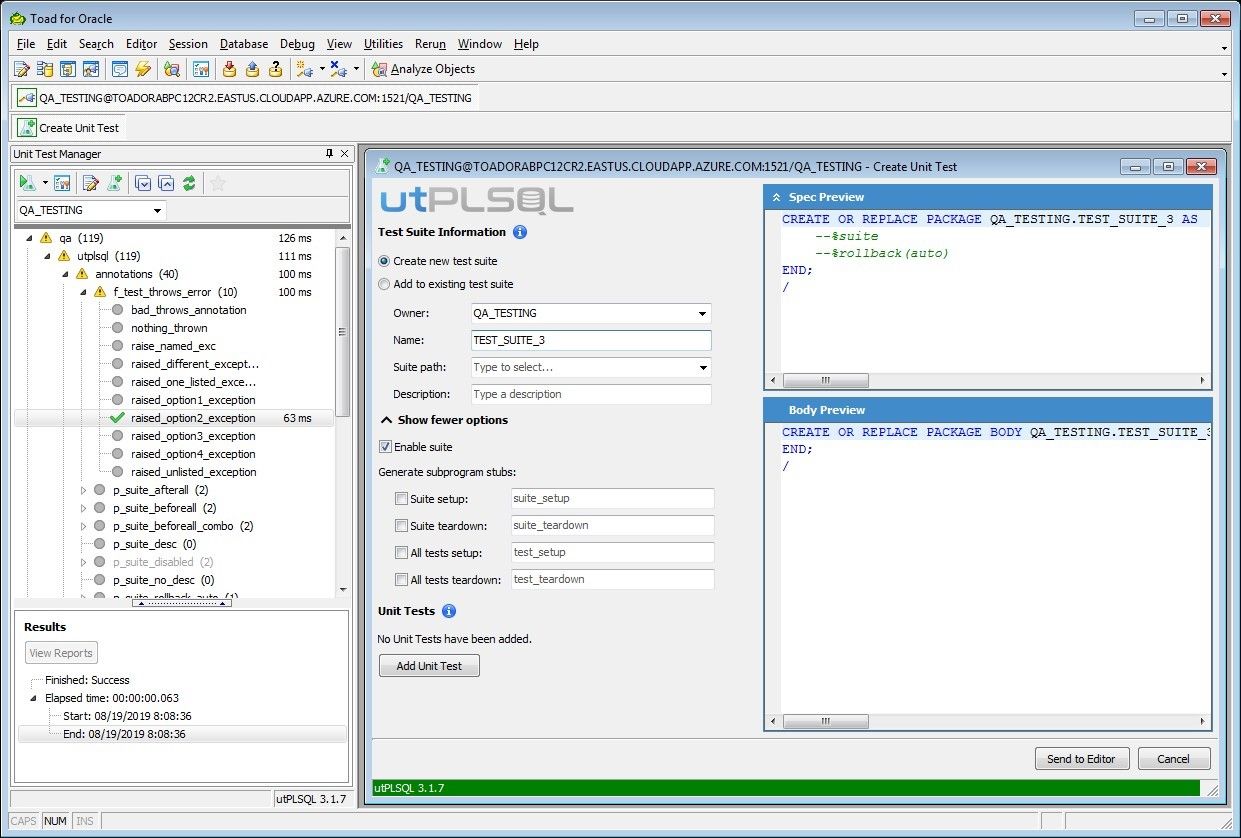 Toad for Oracle 13.2 screen shot of GUI ront-end for the popular open source unit testing suite, utPLSQL.