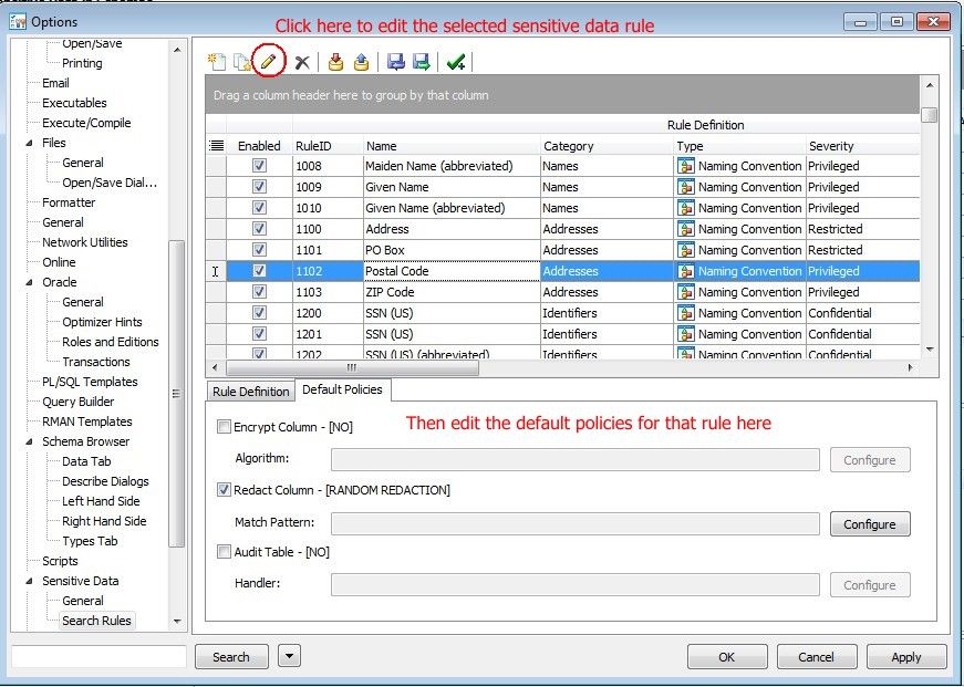 Screen shot showing edit tool for the sensitive data rule.