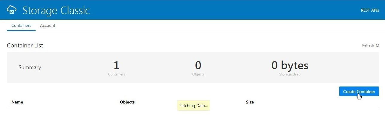 Click on Create Container to create a new storage container.
