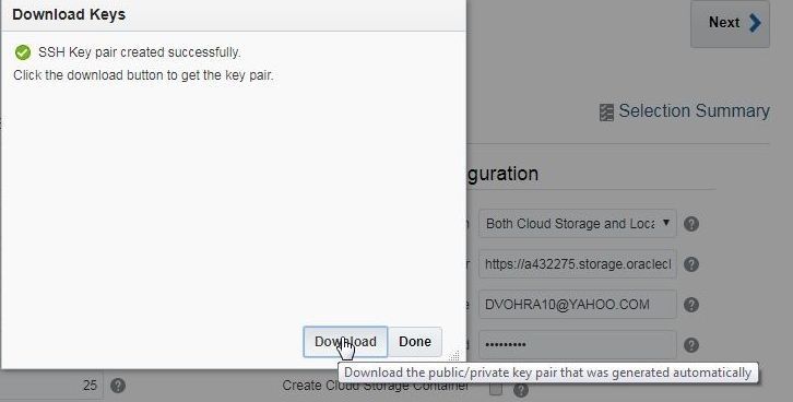 Click on Download to download the public/private key pair. Subsequently click on Done.