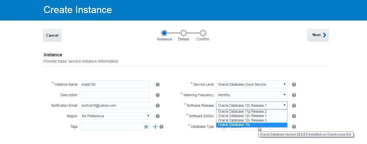 Select Software Release as Oracle Database 18c.