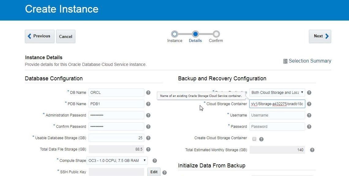 modify the default storage container URL and replace the default container name DBaaS with oradb18c as shown in Figure 21.