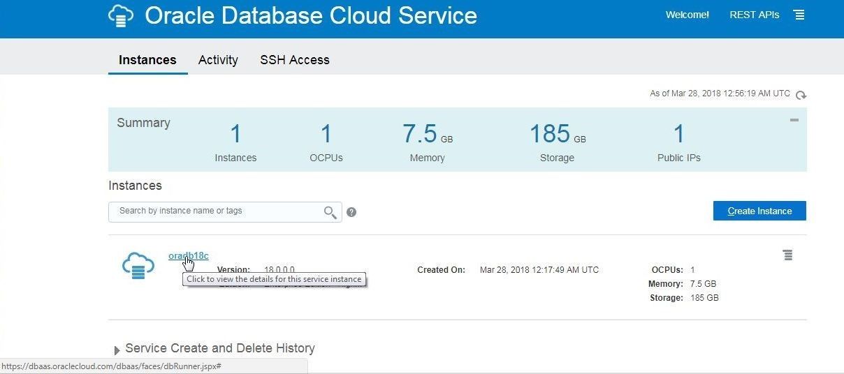 To obtain the connection parameters click on the Oracle Database 18c link in the services list as shown.