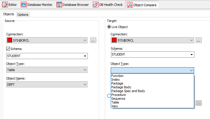 Toad for Oracle Object Compare options