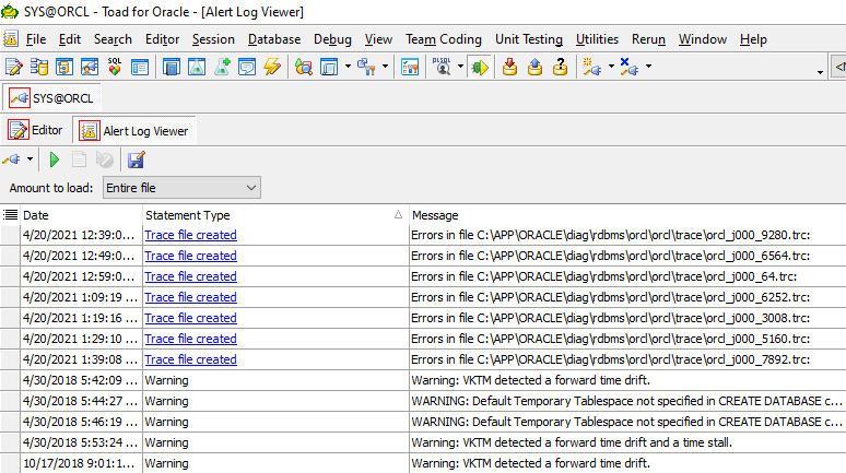 Toad for Oracle Alert Log Viewer by Statement Type
