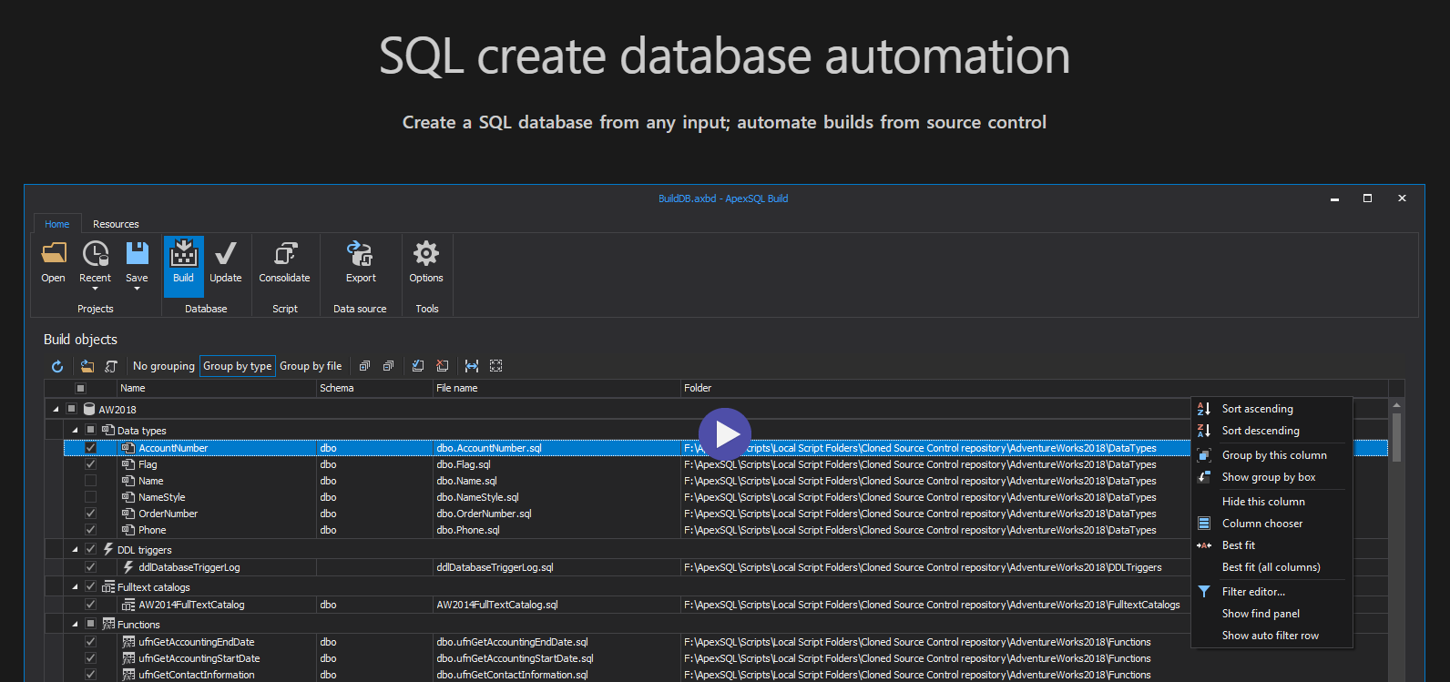 Watch an introduction video to ApexSQL Build..