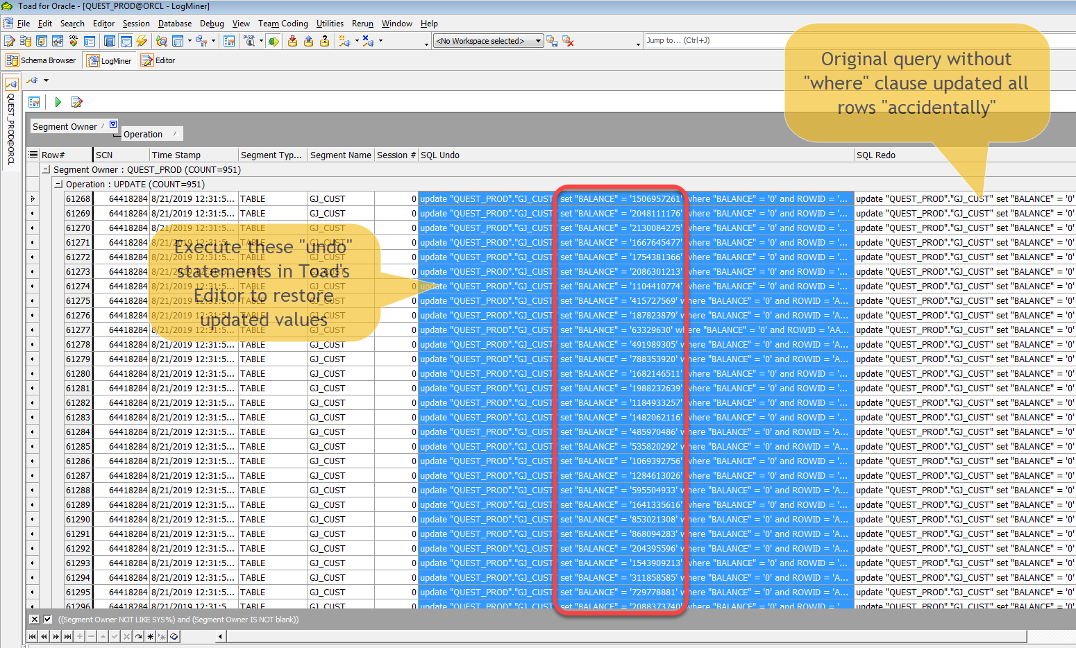 Toad for Oracle Log Miner screen capture. Ask Toad webcast series.