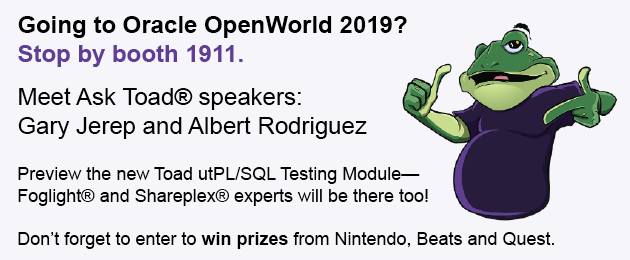 Meet Ask Toad speakers at Oracle Open World 2019 banner.