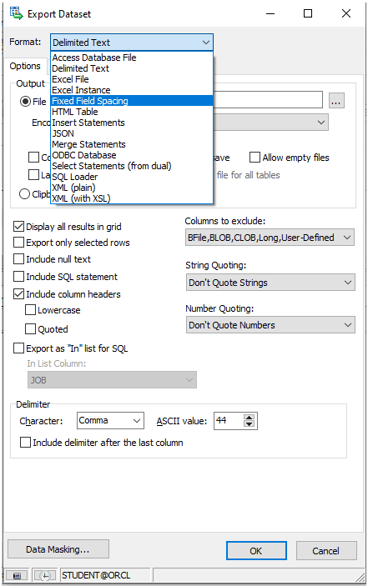 Toad for Oracle Export Data Set output options.