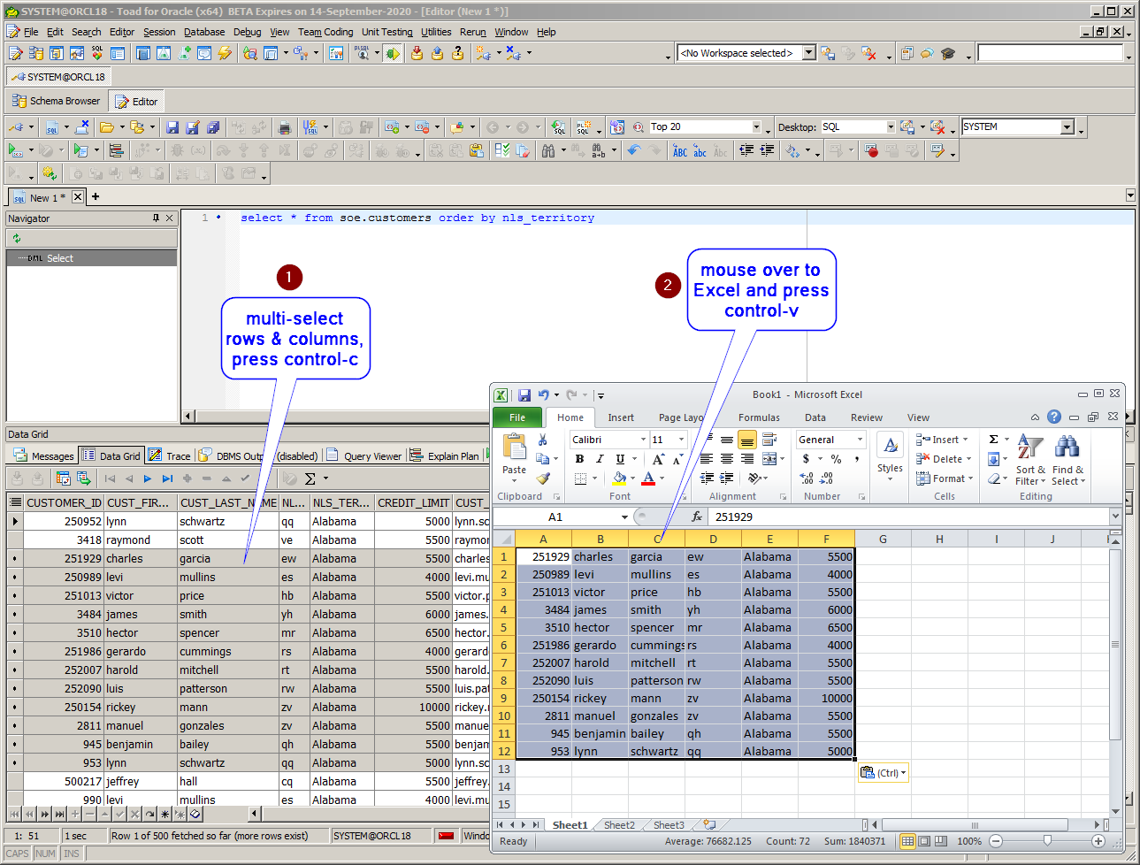 Two ways to export Oracle data from Excel. Open a Toad for Oracle SQL Editor. Execute a query that returns data. If the amount of data is not excessive, multi-select the desired rows and cut and paste the data into Excel.