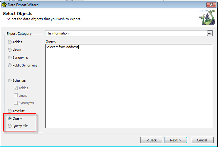 Choose Input Type: Select Query or Query File, Query stores SQL in template, Query File links to SQL path.