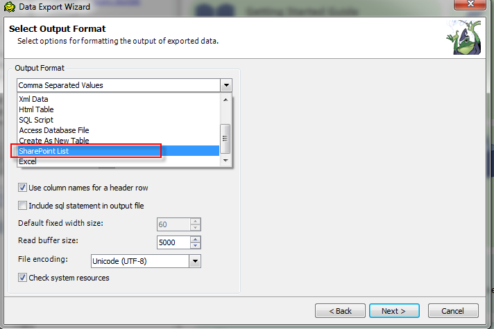 Exporting my SQL Results to SharePoint