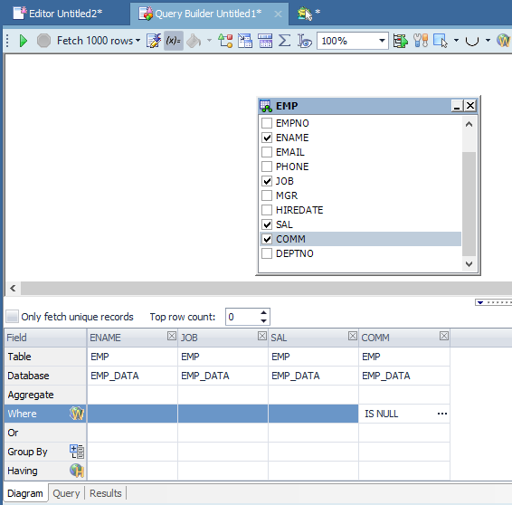 EMP Table Data in Query Builder