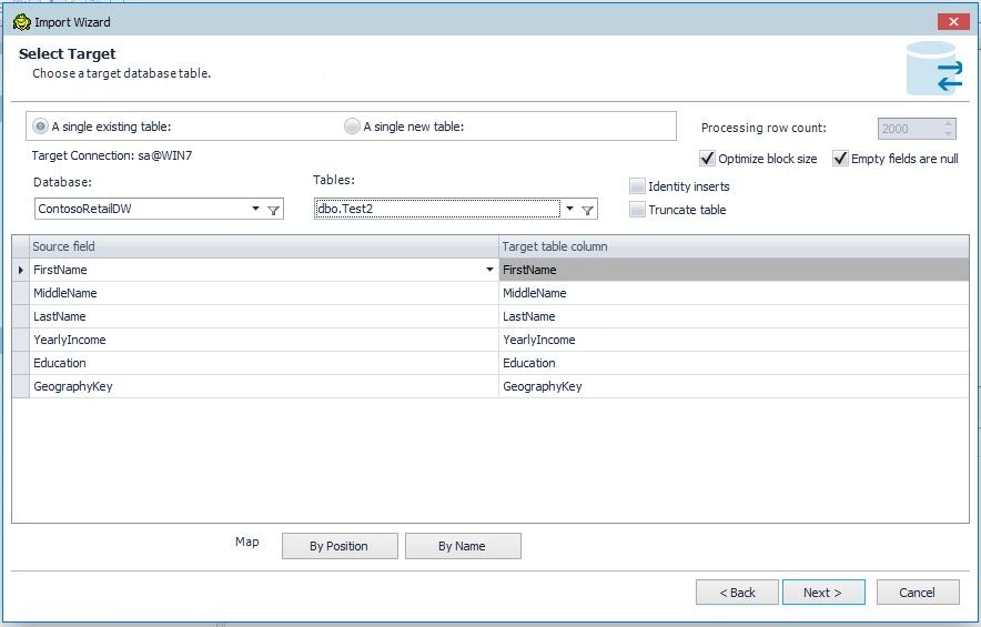 You can choose a target database, select an existing table and map the fields to the table.