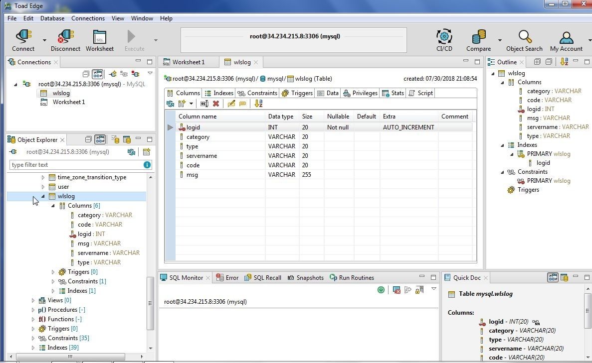 FIgure 37. The wlslog table is created and shows in Object Explorer