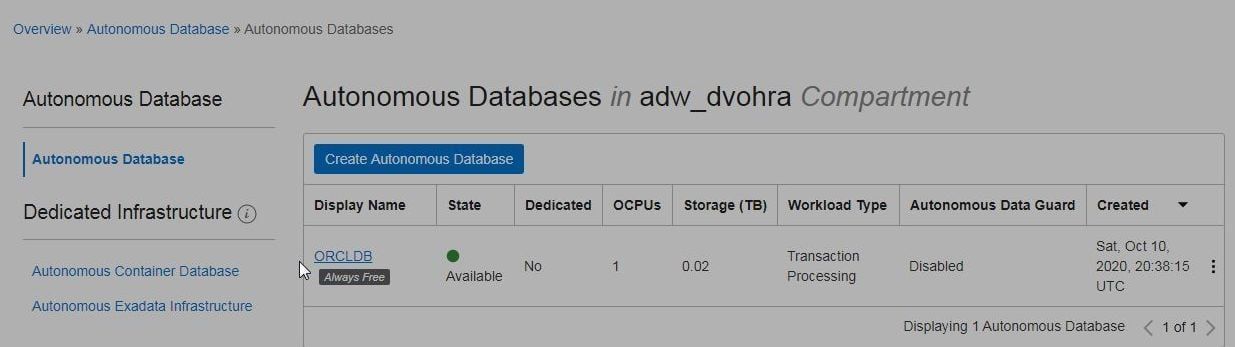 Figure 11. New Autonomous Database Instance