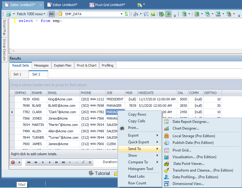 Sending data to a Pivot Grid in Toad Data Point