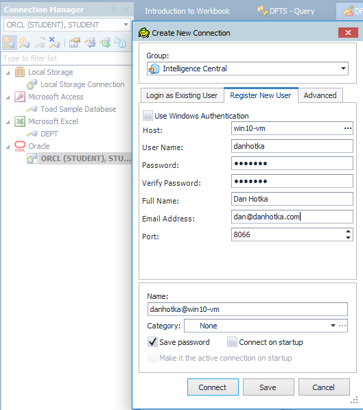 Registering a new user in Toad Intelligence Central