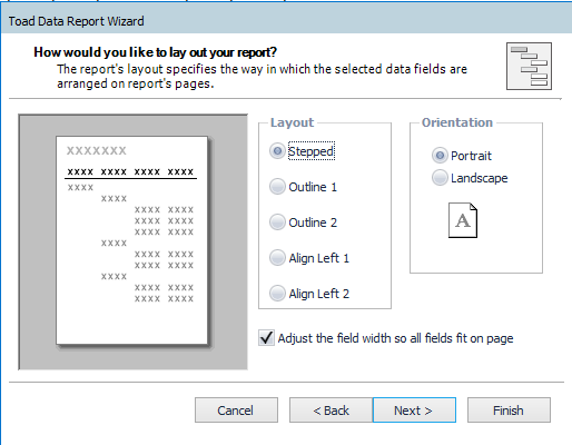 Report layout options in Toad Data Point Report Wizard