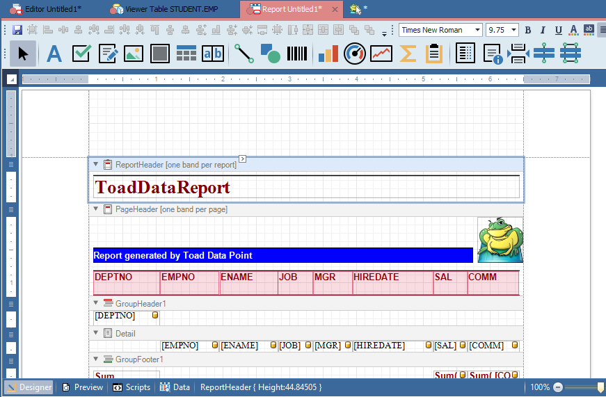 Report layout design in Toad Data Point