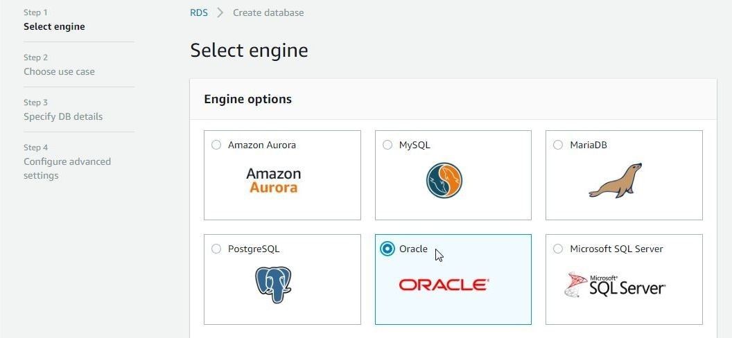 Figure 2. Selecting Oracle as the database engine.