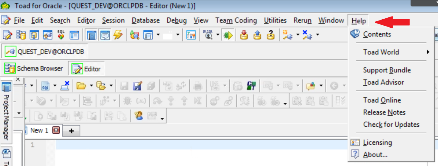 Figure 2. The Help selection on the Toad for Oracle menu bar