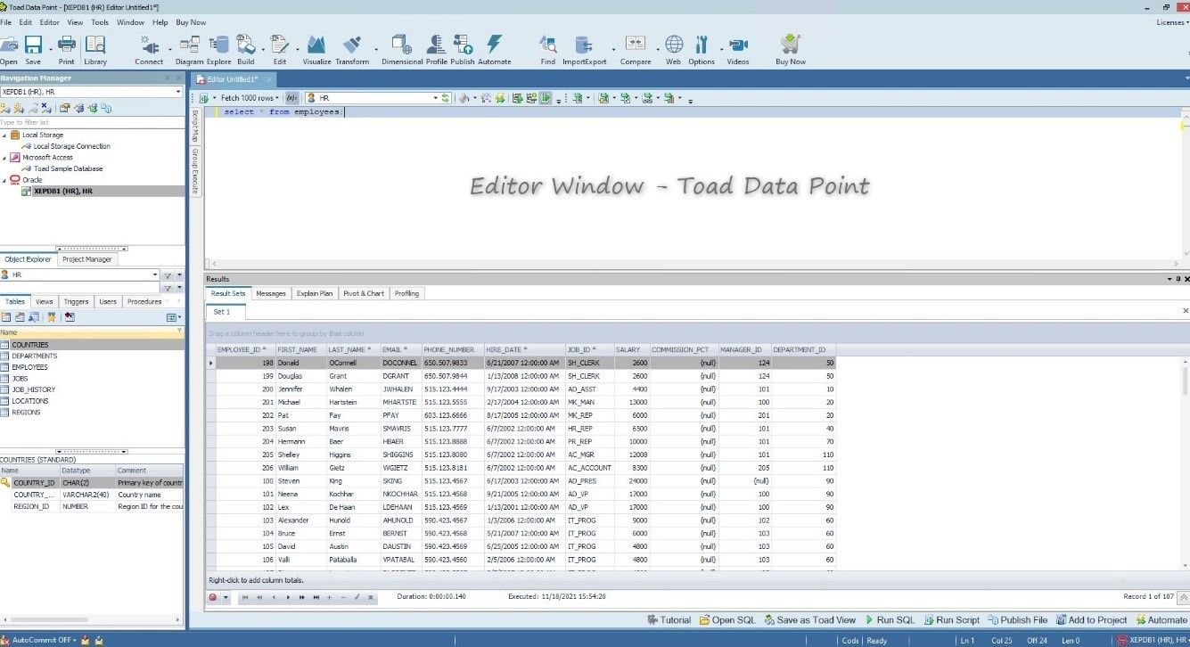 Editor Window in Toad Data Point - Toad for Oracle vs Toad Data Point