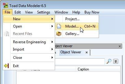 Figure 20. Selecting File, then New, then Model in Toad Data Point menus