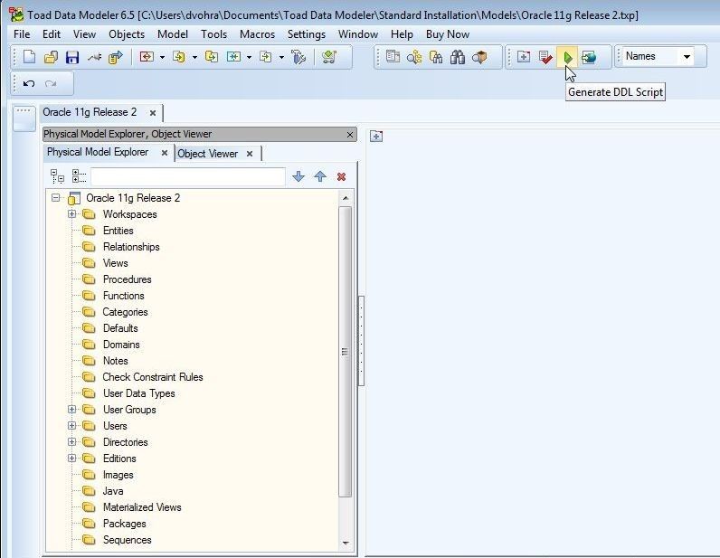 Figure 23. Selecting Generate DDL Script from the toolbar