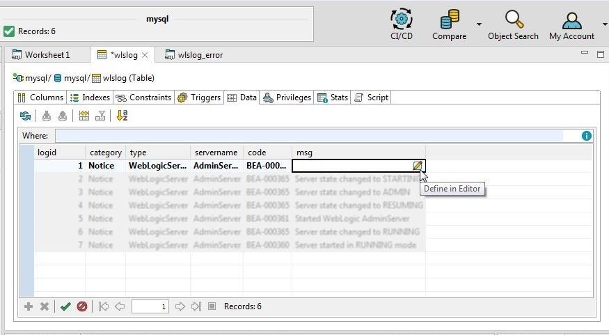 Figure 28. Selecting Define in Editor for msg