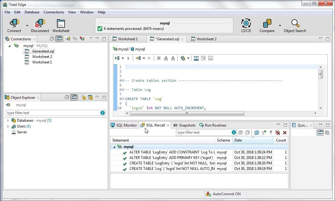 Figure 29. The SQL Recall view lists which DDL statements got processed