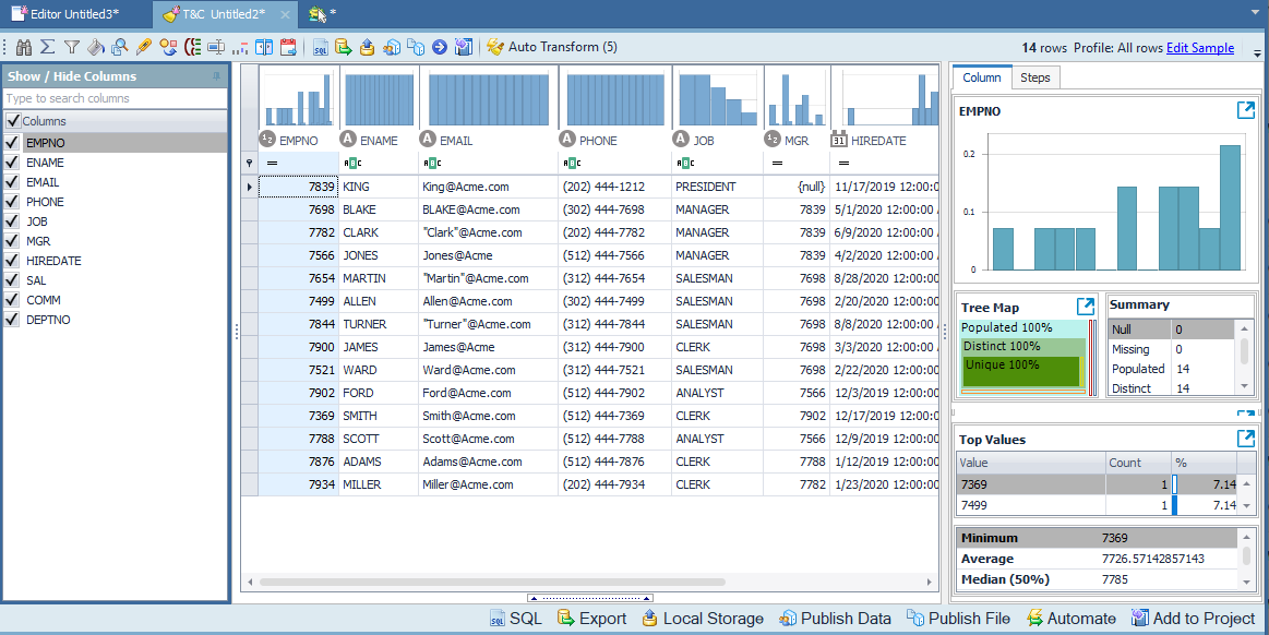 Transform and cleanse panel in Toad Data Point