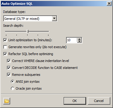 Auto optimize SQL dialog box asks for settings to start SQL performance tuning and optimization actions