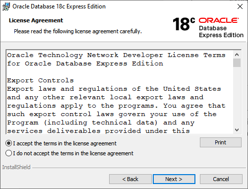 Accept the license terms for Oracle 18c Express Edition database
