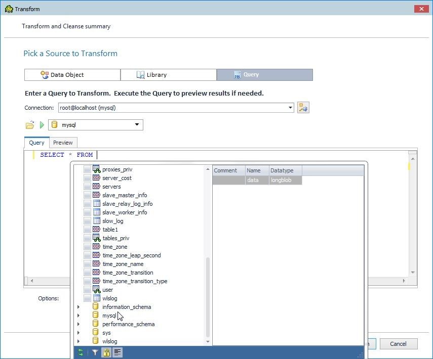 Figure 3. Adding a query, selecting the database 'mysql'