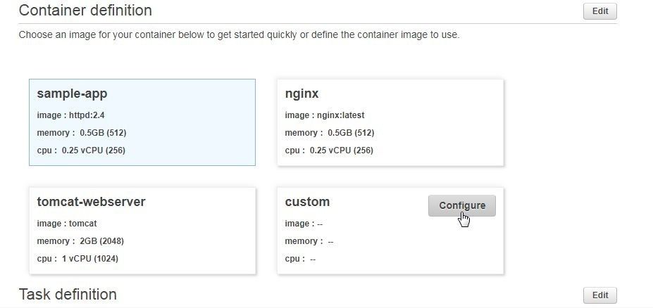Figure 4. Choosing to configure a custom container definition
