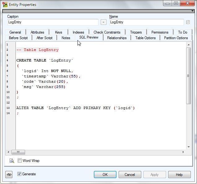 Figure 4. SQL Preview for LogEntry