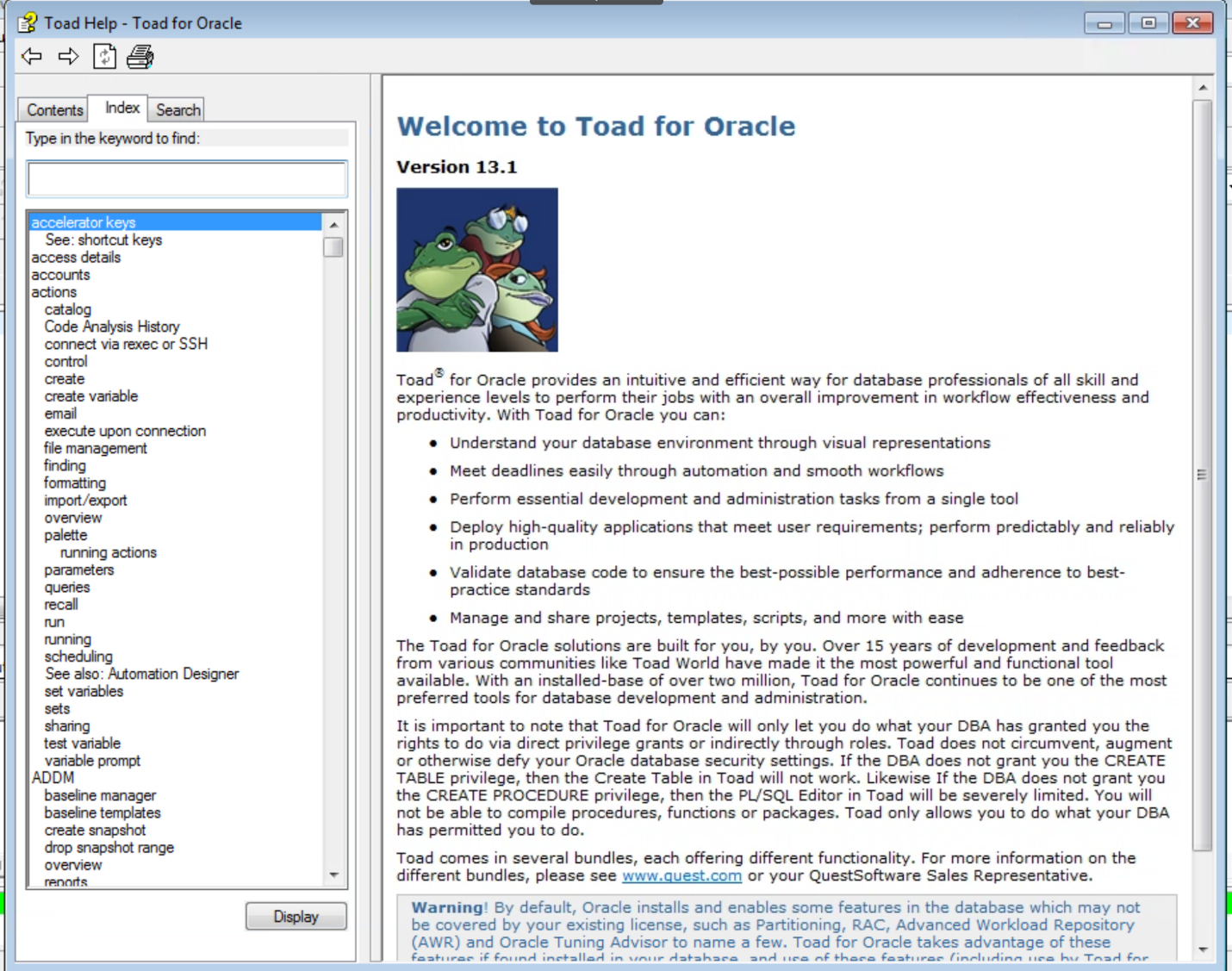 Figure 4. The Toad for Oracle Help Index tab
