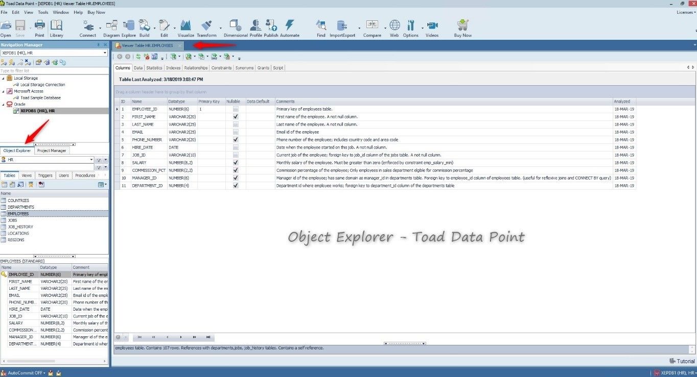 Object Explorer in Toad Data Point
