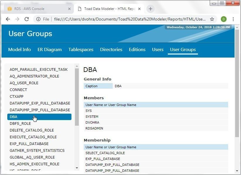 Figure 45. Detailed information about the DBA user group