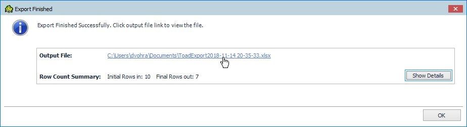 Figure 45. The Excel output filename is displayed as the Output File from the Export operation.