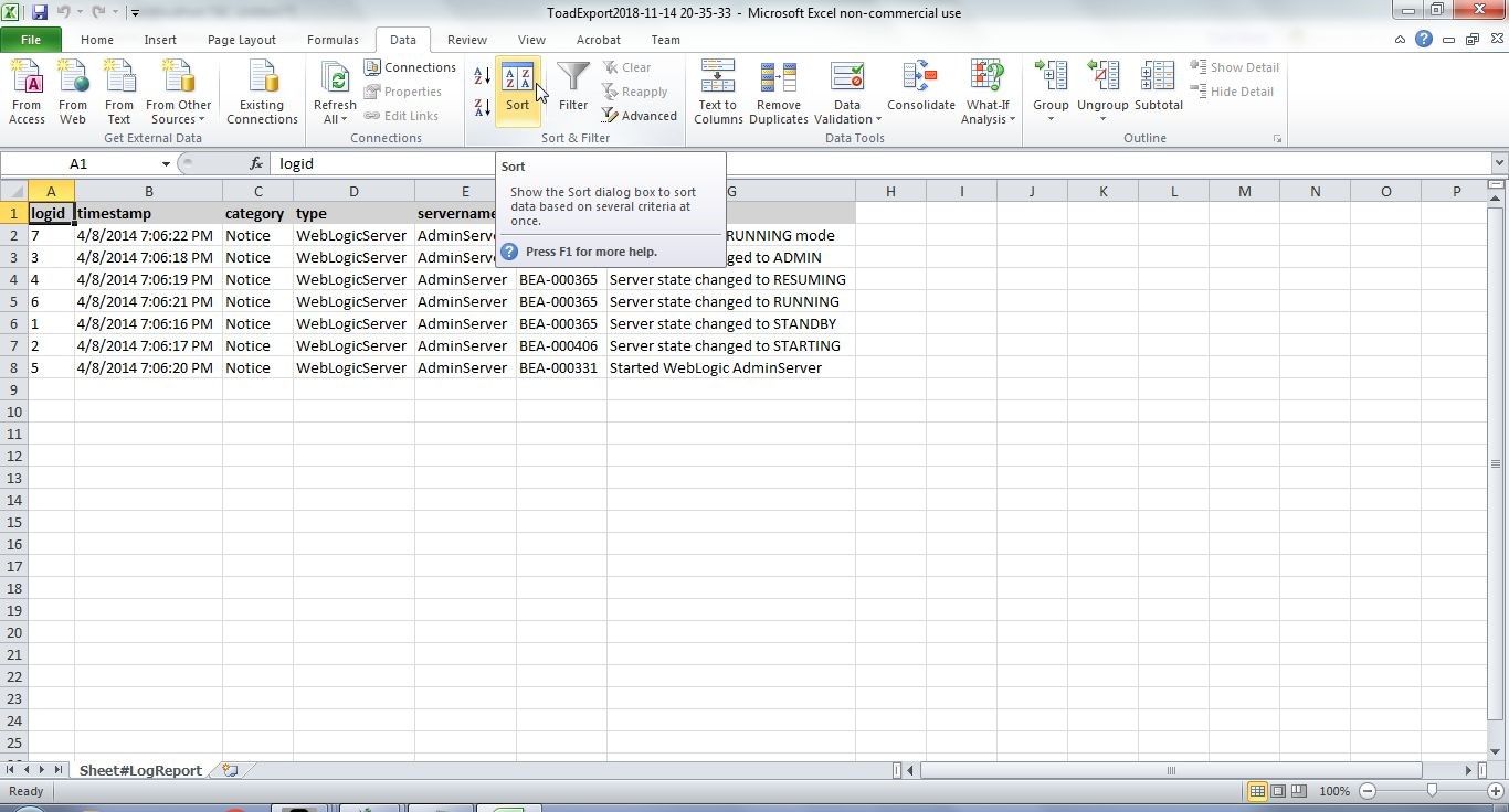 Figure 47. Sorting data in the Excel report