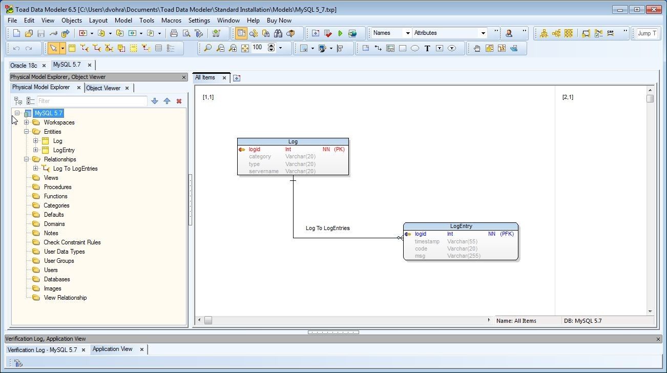 Figure 48. MySQL 5.7 Model now shows only the entities and relationships we added