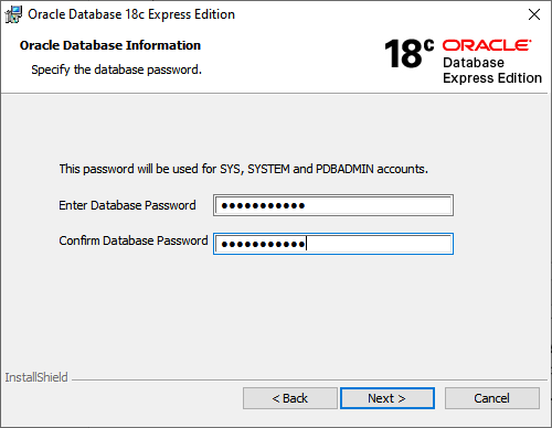 Select a password for SYS, SYSTEM and PDBADMIN accounts