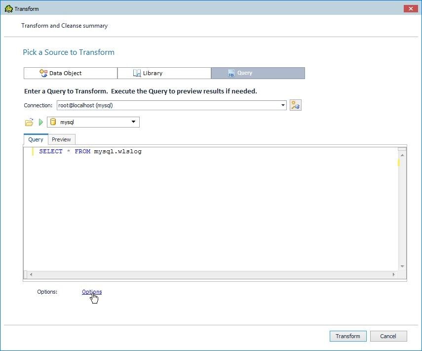 Figure 5. Clicking on Options to display the transformation options