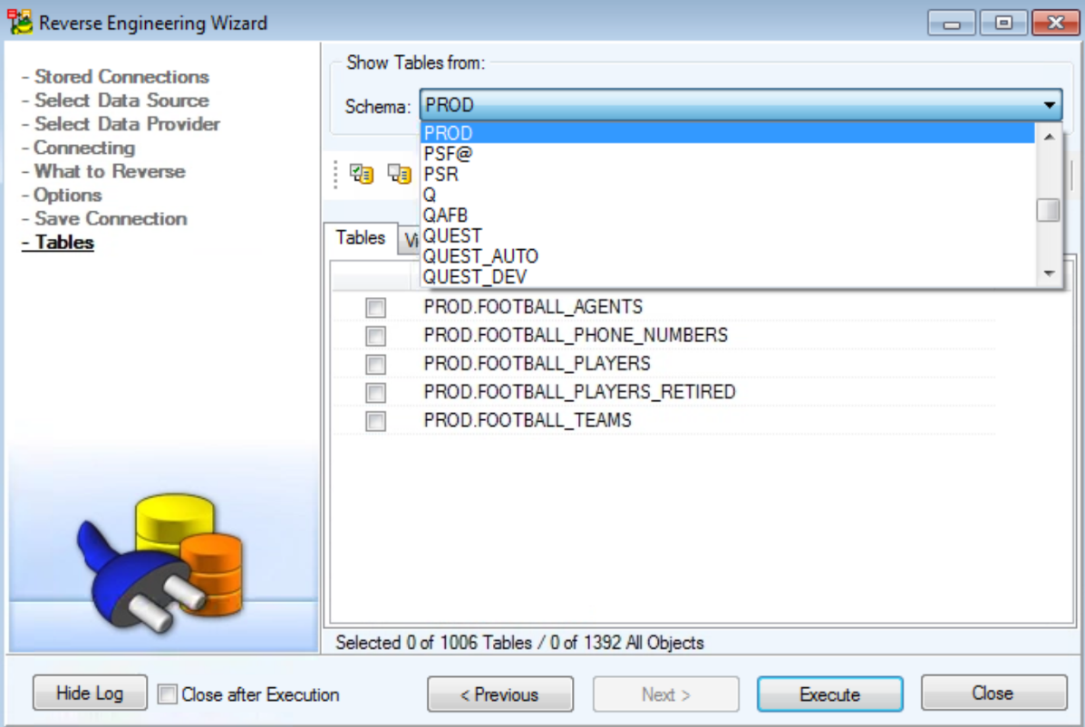 Figure 7. Choose schema name, limiting the objects of the subsystem that will be compared