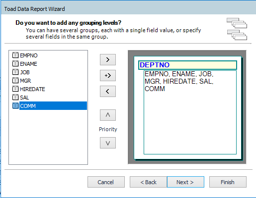 Grouping levels in Toad Data Point Report Wizard