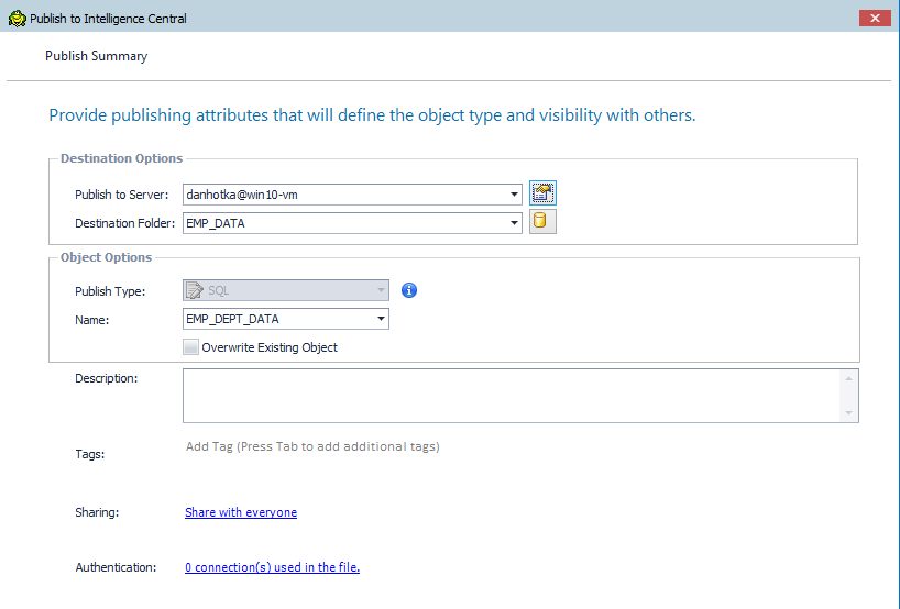 Define how to publish the SQL to Toad Intelligence Central