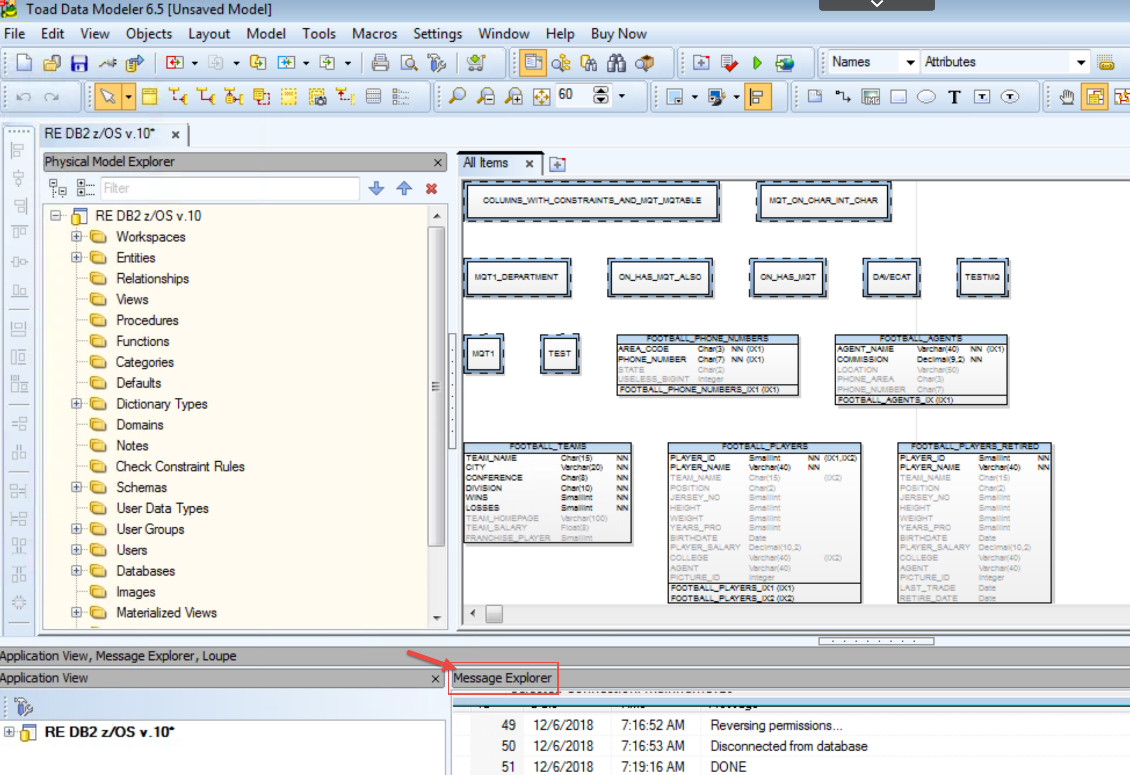 Figure 9.  The completed physical DB2 zOS schema model.  Note the Message Explorer at the bottom.